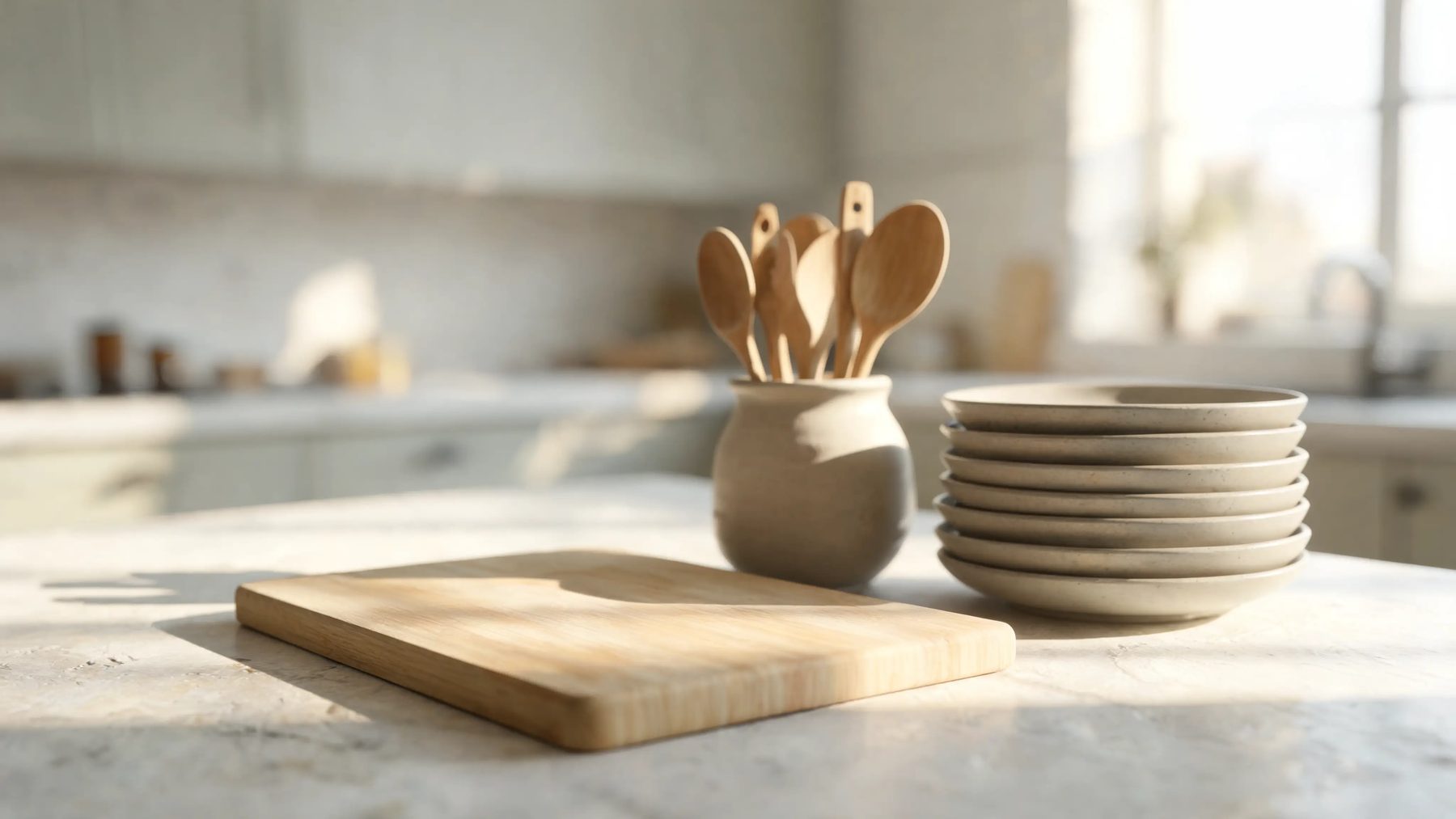 Kitchen bench with a cutting board, a crock of spoons and stacked plates